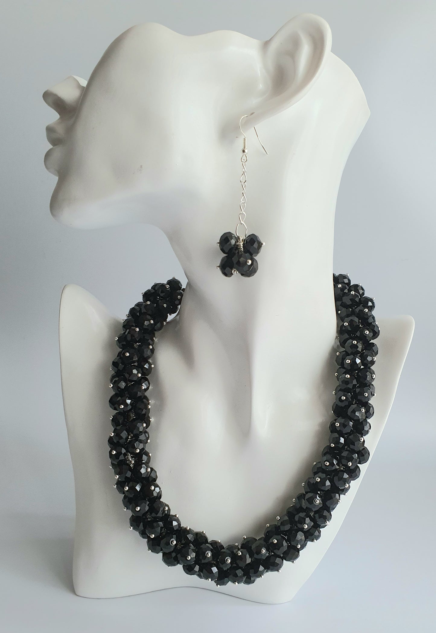 Black Crystal Cluster Necklace and Earring Set