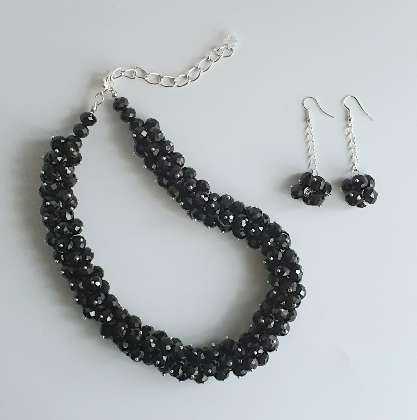 Black Crystal Cluster Necklace and Earring Set