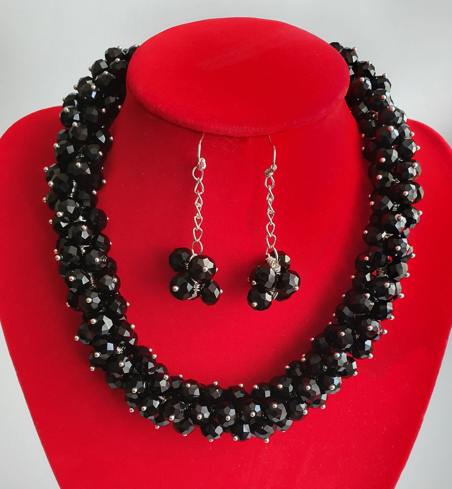 Black Crystal Cluster Necklace and Earring Set