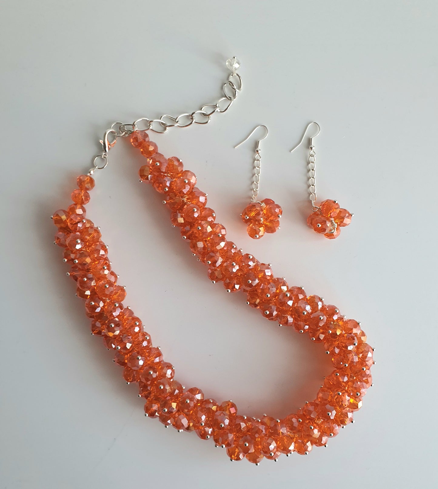 Orange Crystal Cluster Necklace and Earring Set