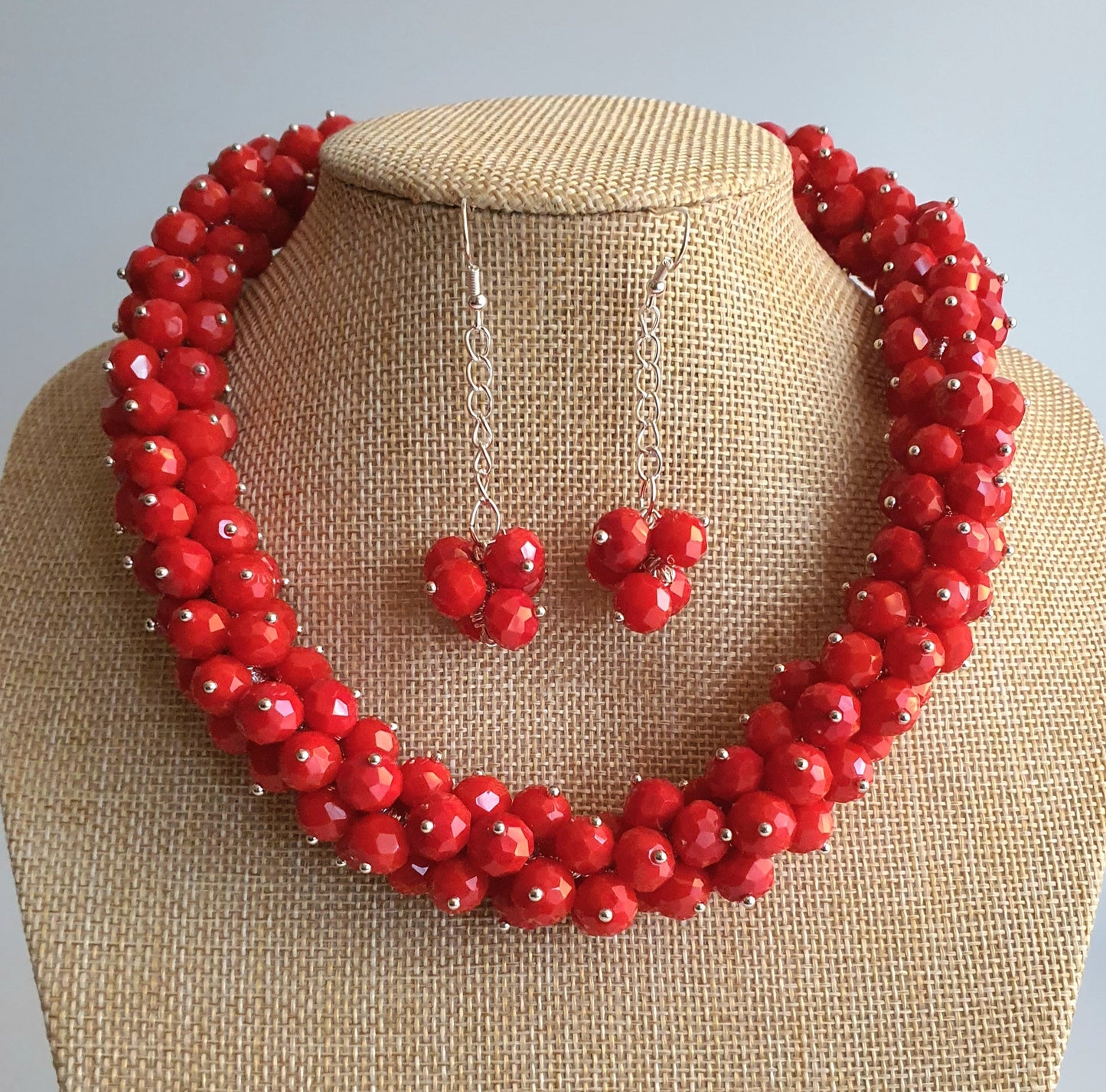 Red Crystal Cluster Necklace and Earring Set