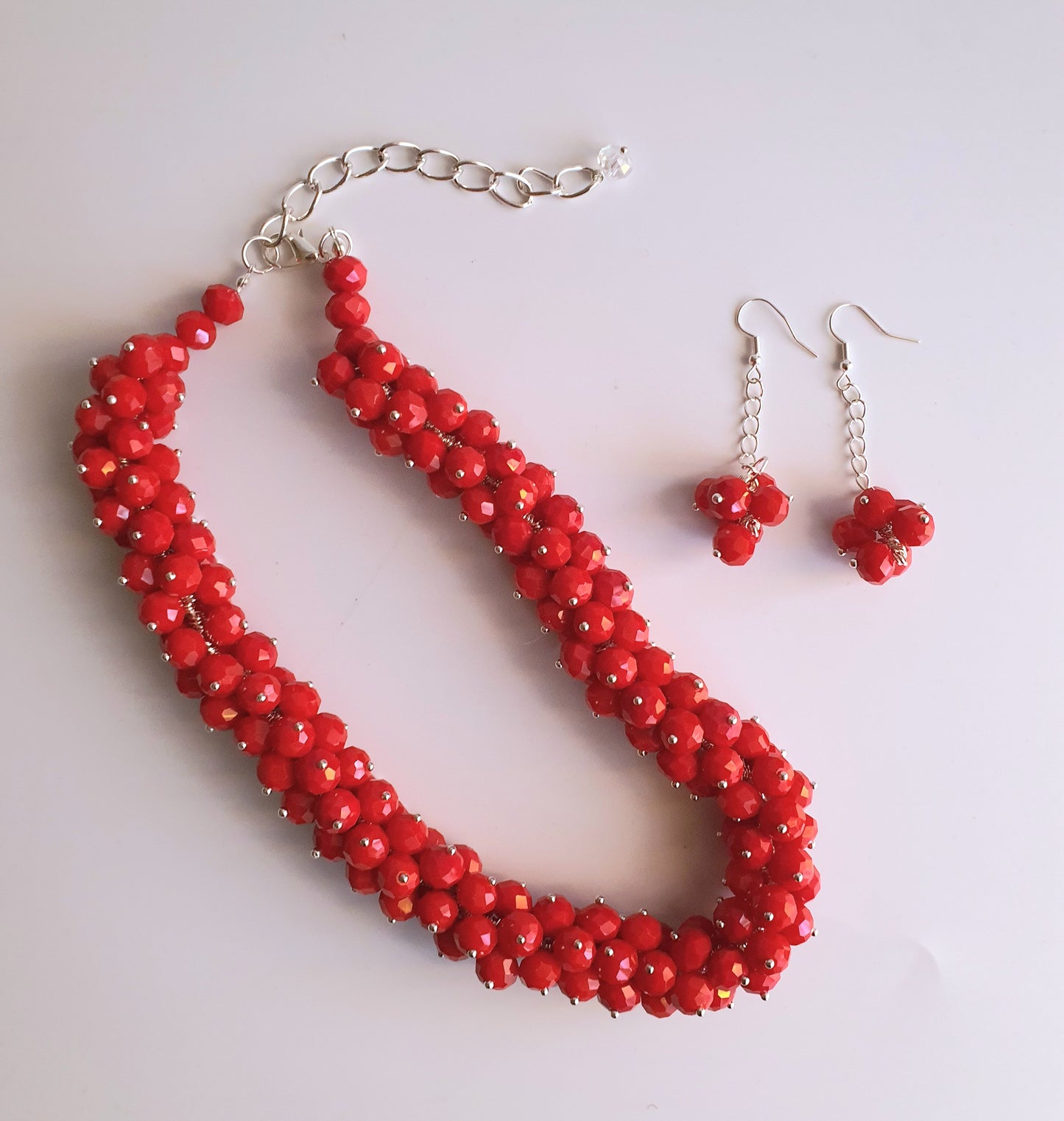 Red Crystal Cluster Necklace and Earring Set
