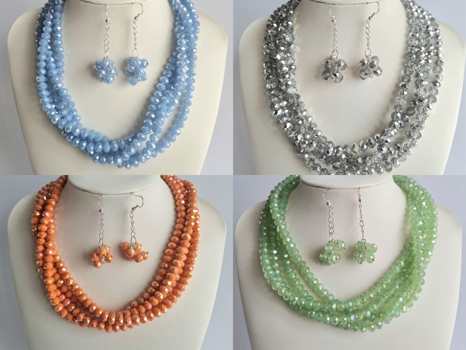 Crystal Four Stranded Necklace and Earrings Sets