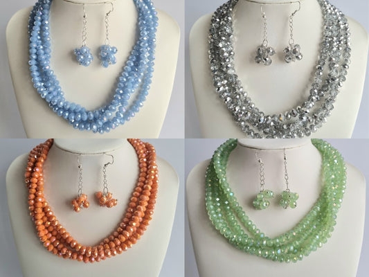 Crystal Four Stranded Necklace and Earrings Sets