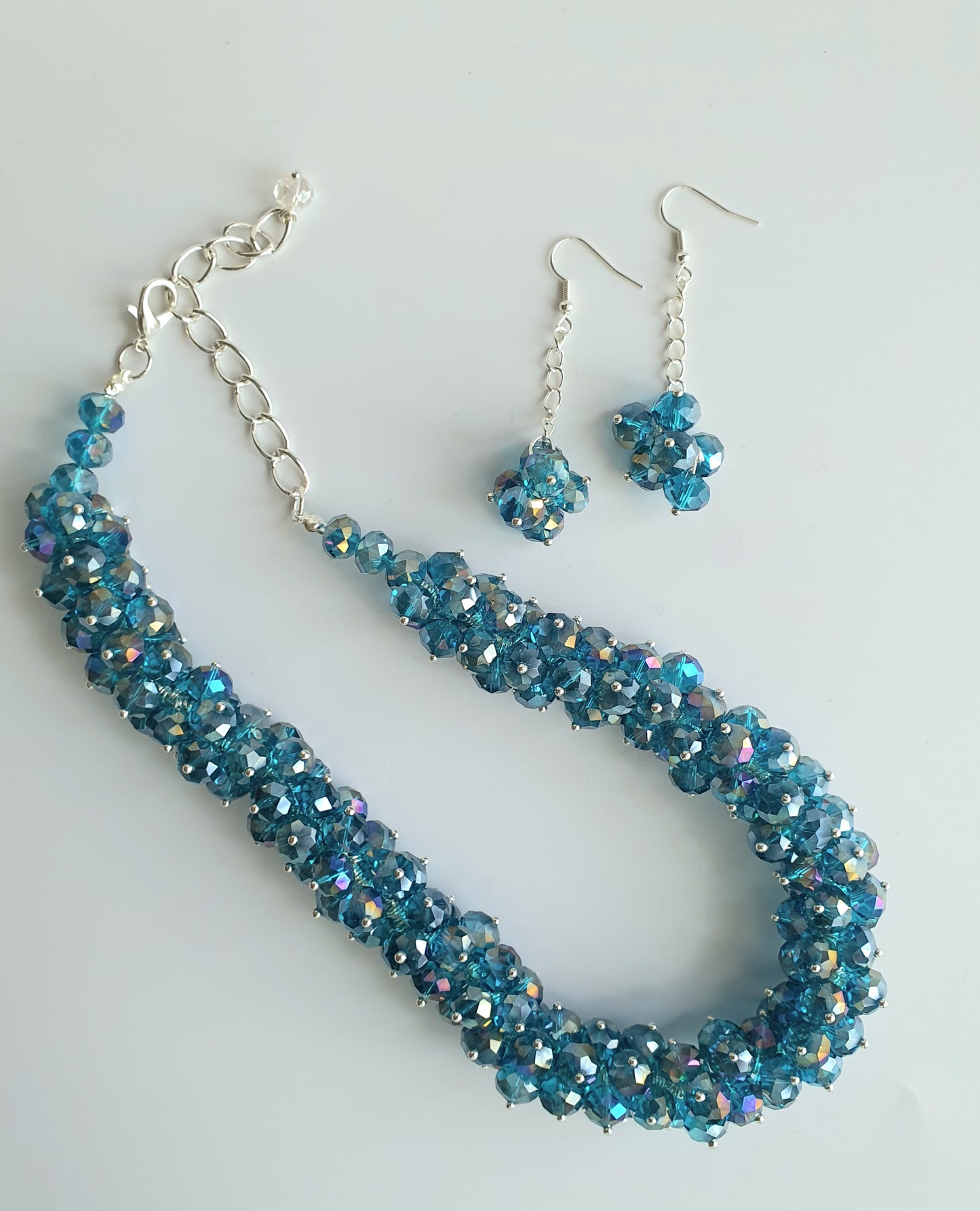 Blue Crystal Cluster Necklace and Earring Set