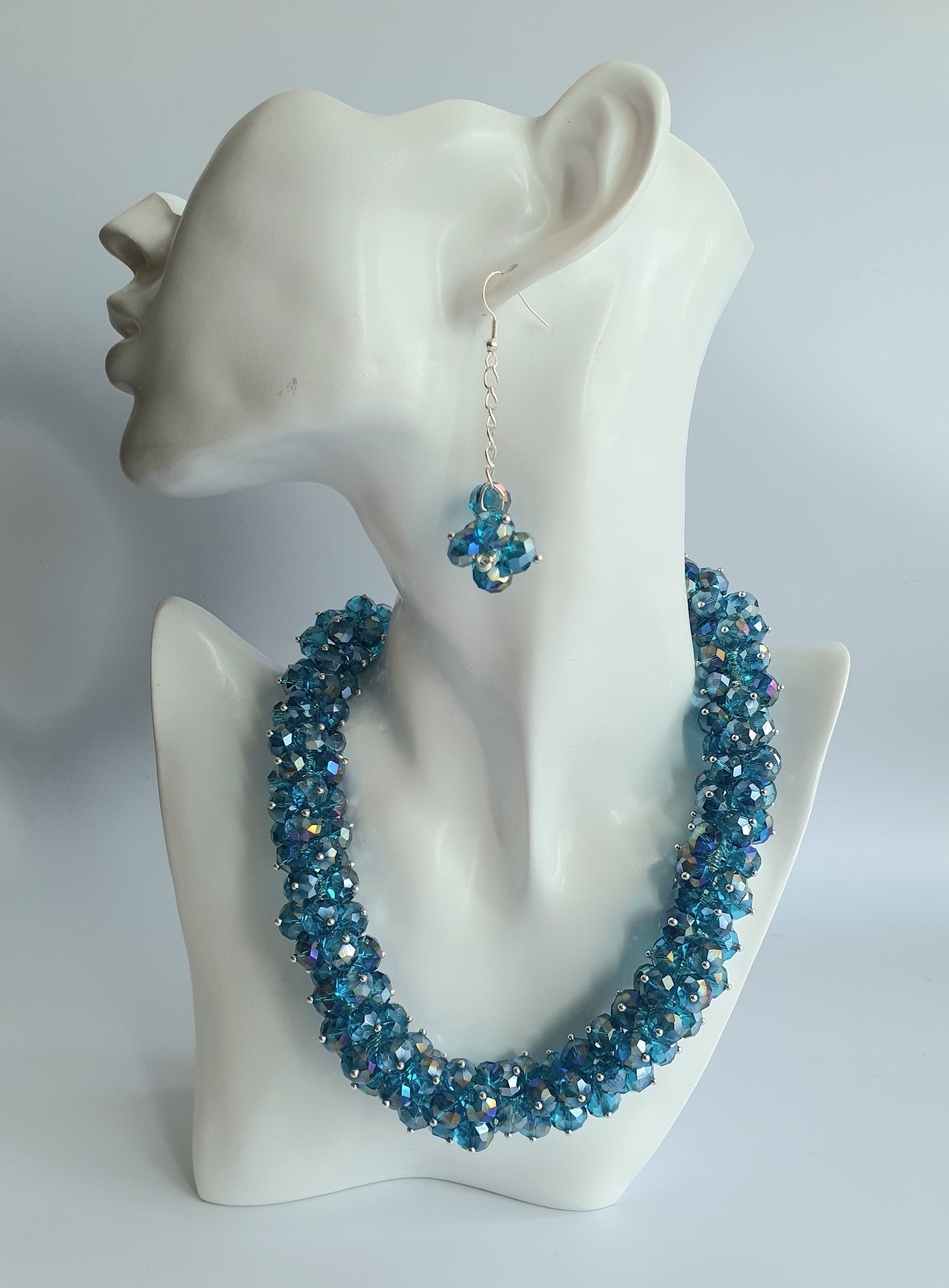 Blue Crystal Cluster Necklace and Earring Set