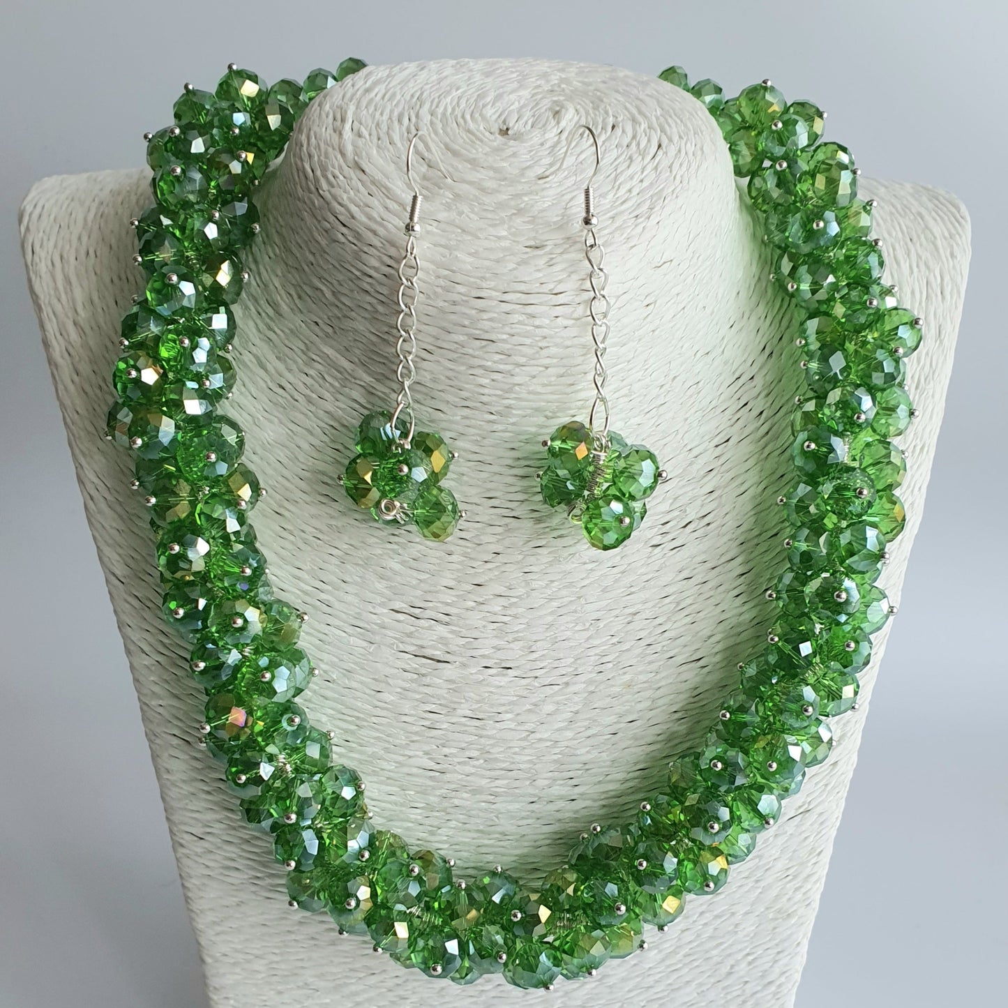 Green Crystal Cluster Necklace and Earring Set
