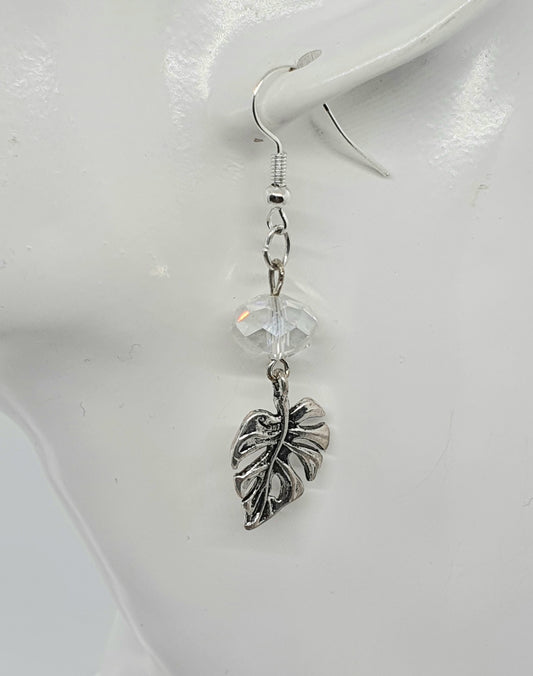 Crystal Beaded Antique Silver Leaf Drop Earring