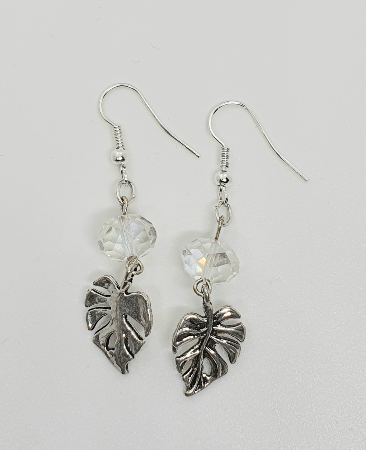 Crystal Beaded Antique Silver Leaf Drop Earring