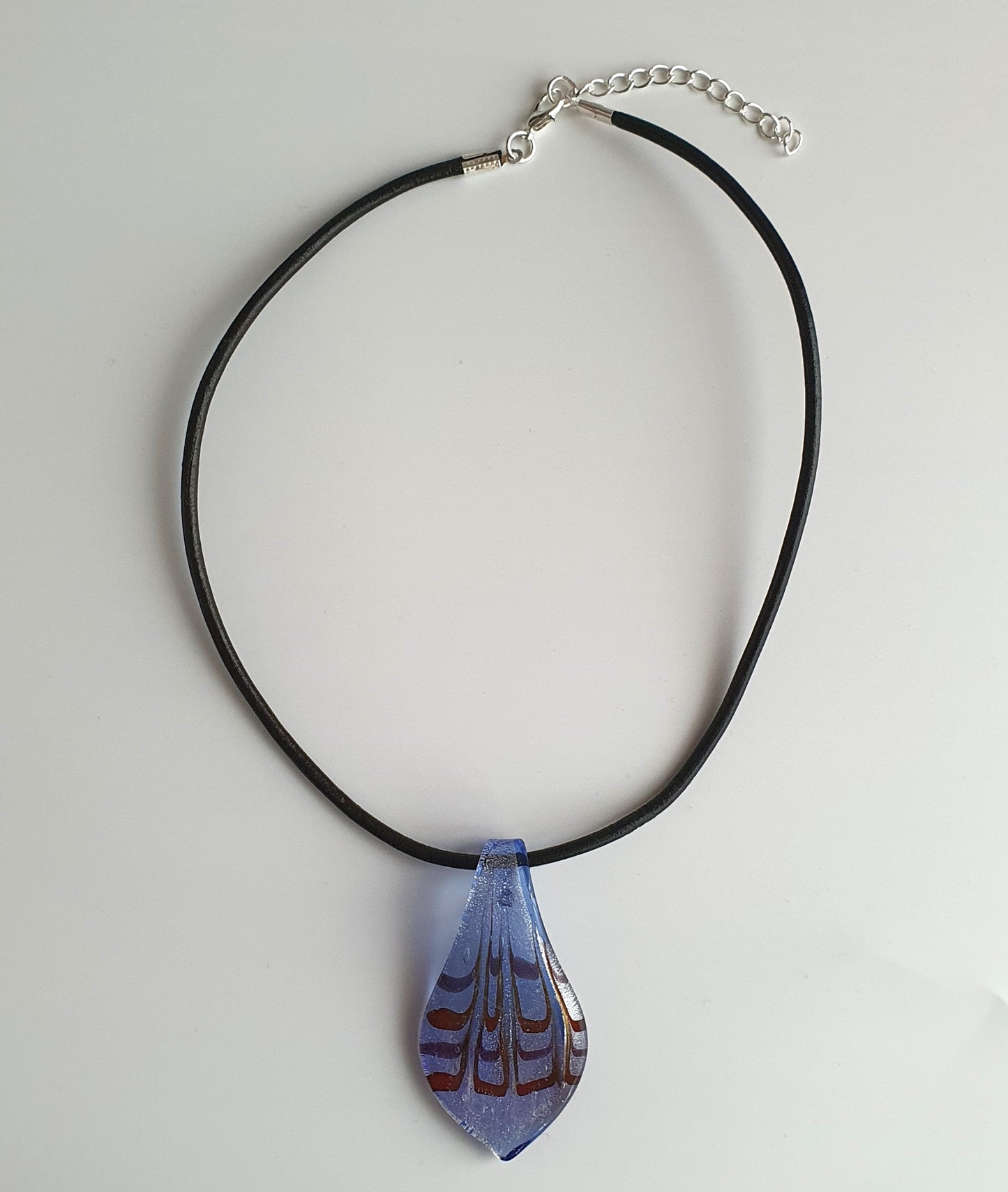 Blue Lamp-work Glass Bead Leather pendant necklace
