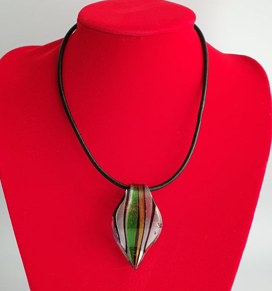 Multicoloured Lamp-work Glass Bead Leather pendant necklace