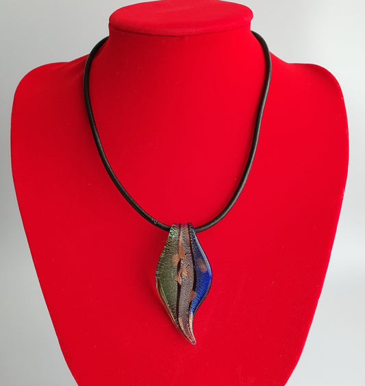 Multicoloured Lamp-work Glass Bead Leather pendant necklace