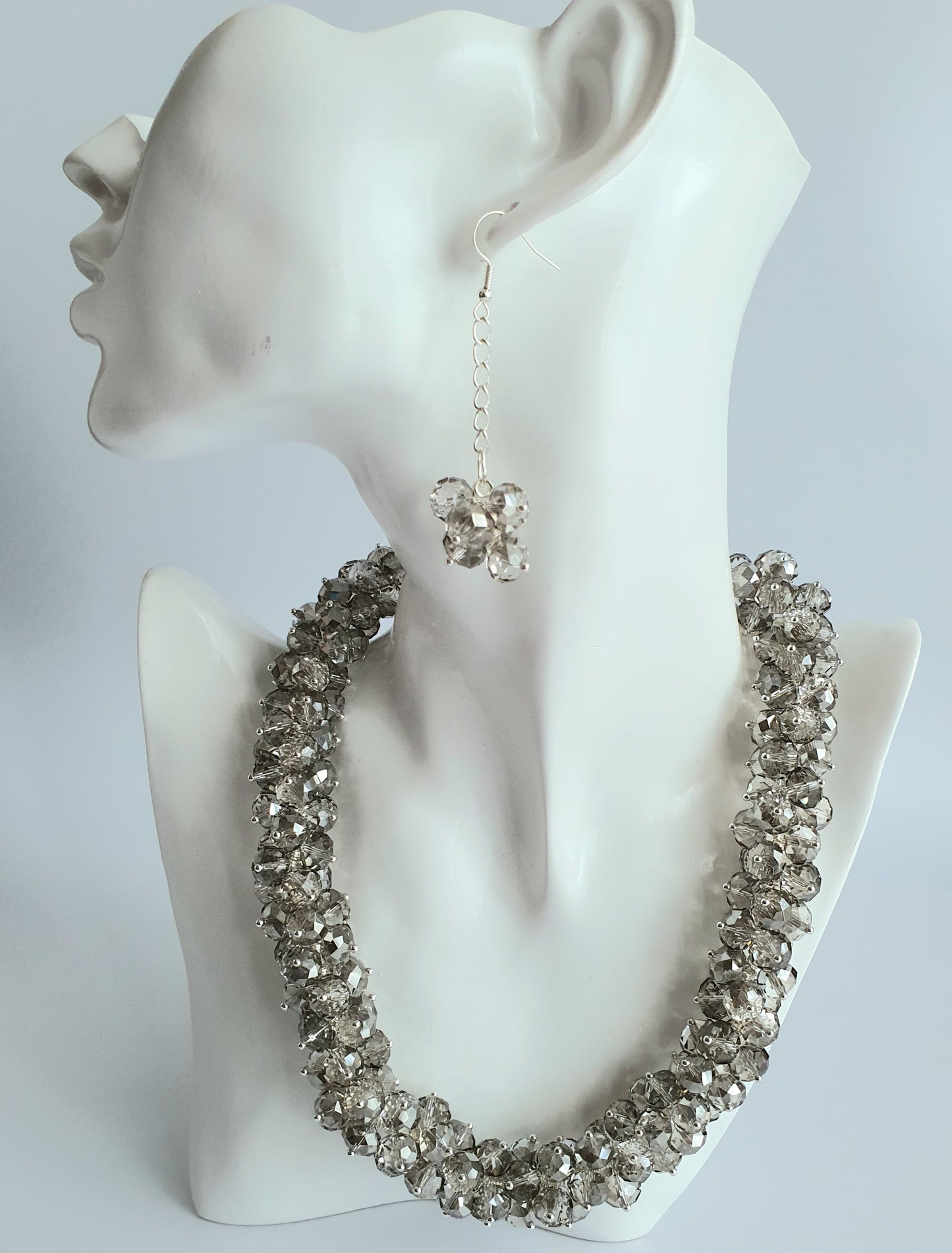 Grey Clear Crystal Cluster Necklace and Earring Set