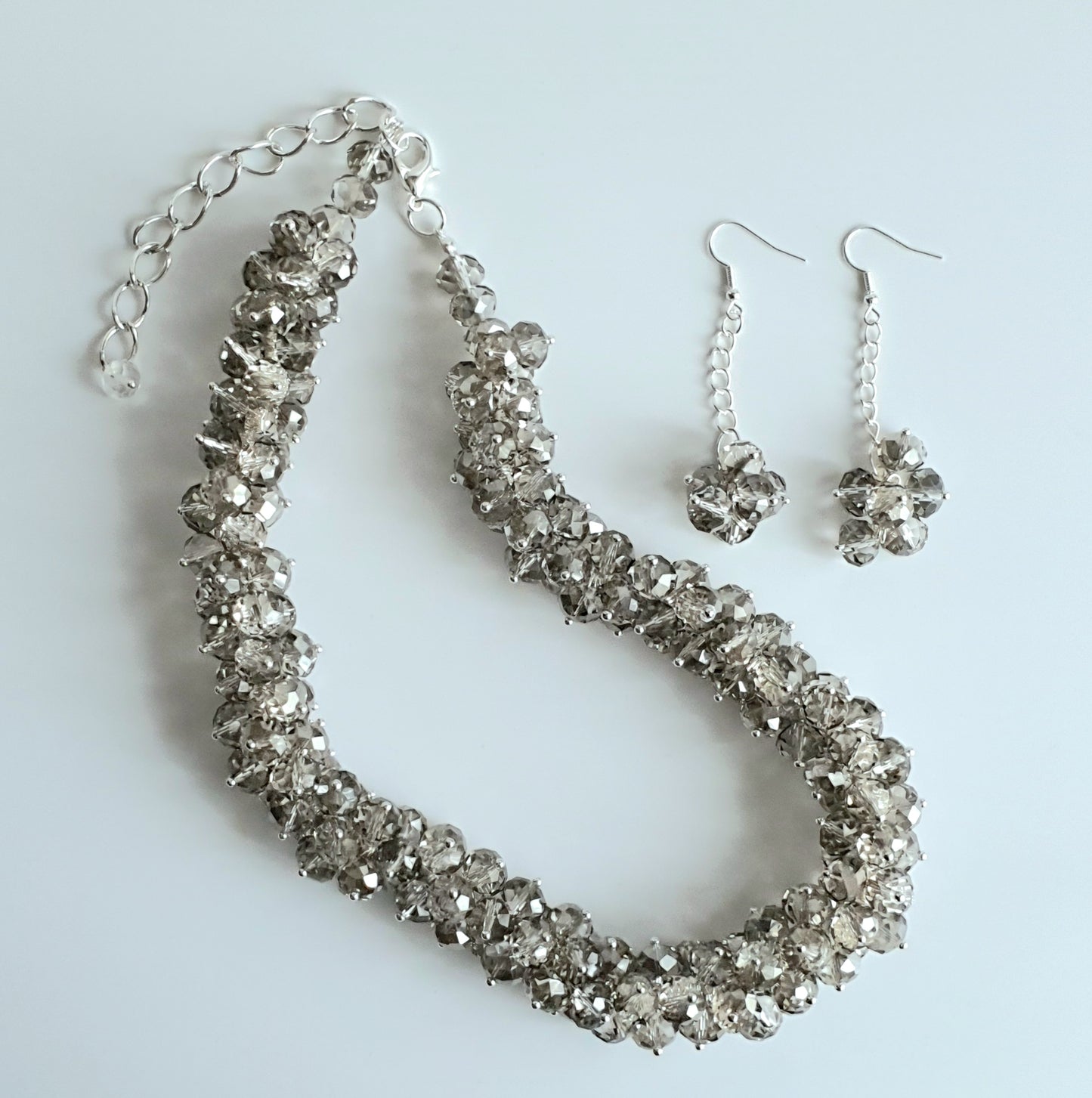 Grey Clear Crystal Cluster Necklace and Earring Set