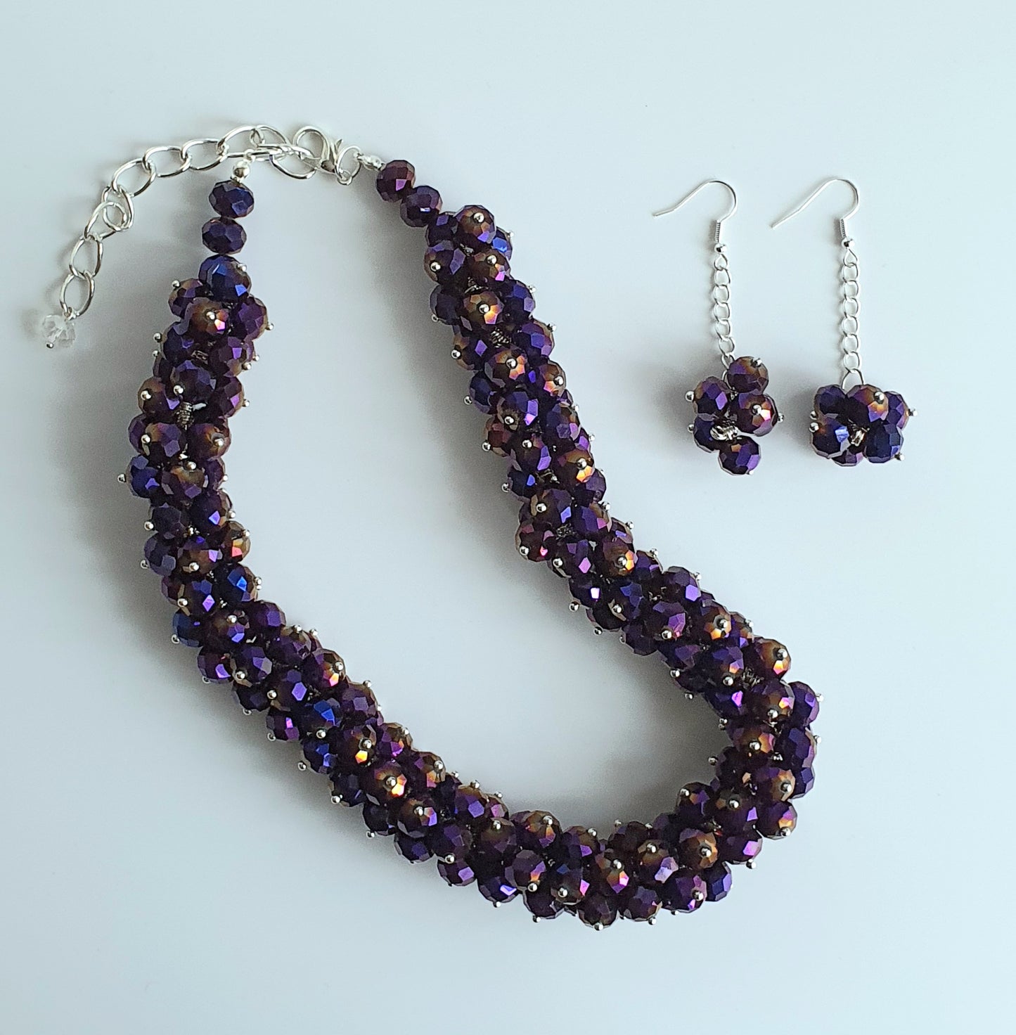 Purple Crystal Cluster Necklace and Earring Set