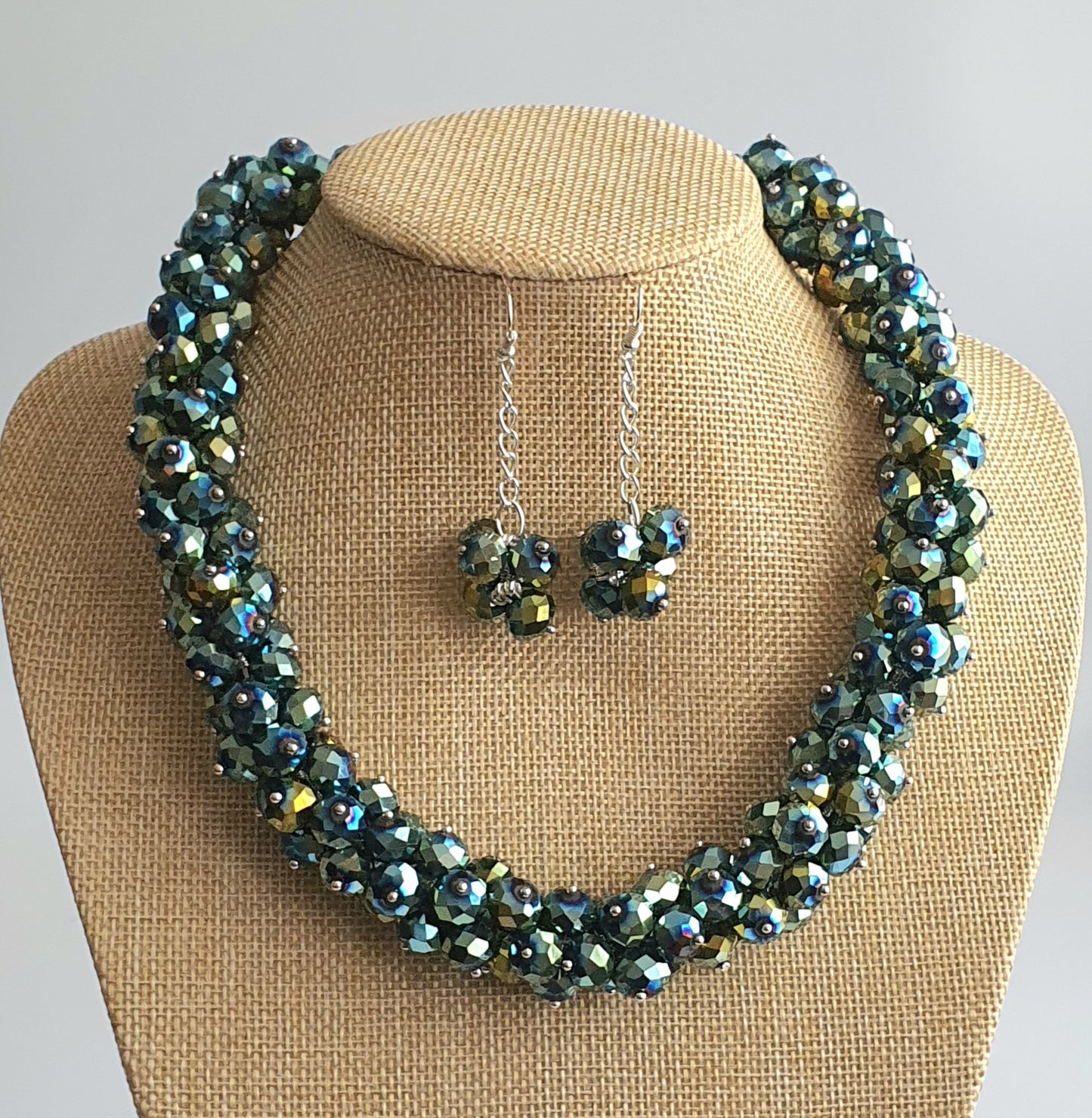 Green Sparkle Crystal Cluster Necklace and Earring Set