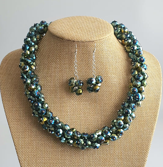 Green Sparkle Crystal Cluster Necklace and Earring Set