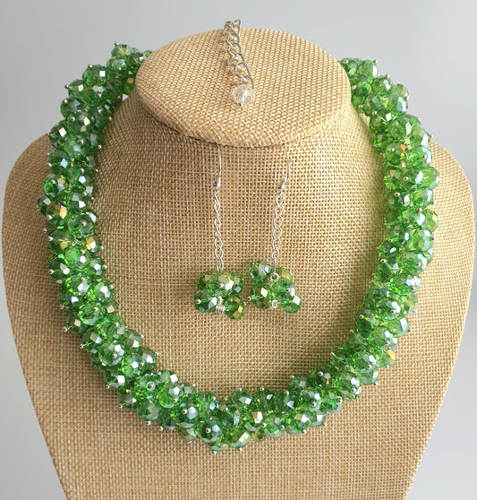 Green Crystal Cluster Necklace and Earring Set