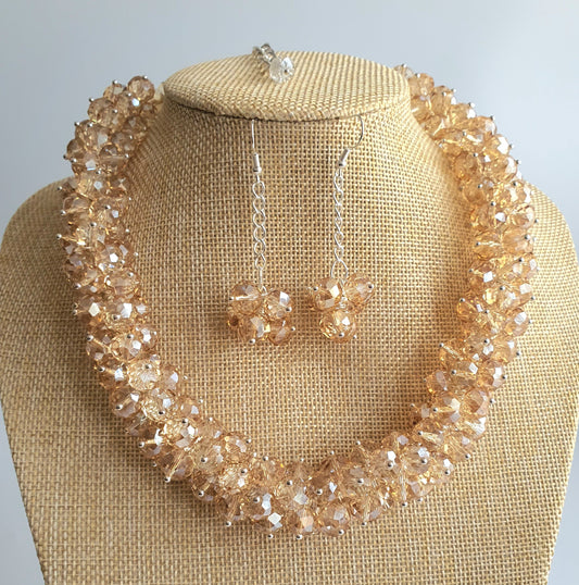 Gold Colour Crystal Cluster Necklace and Earring Set
