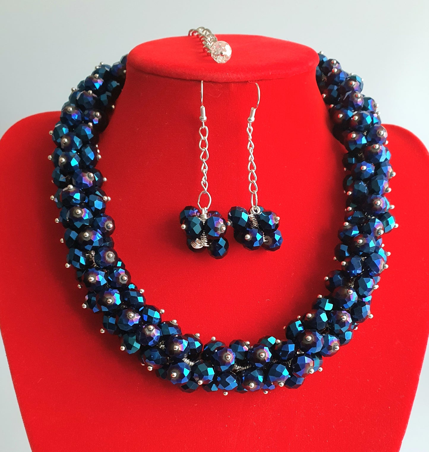 Royal Blue Crystal Cluster Necklace and Earring set