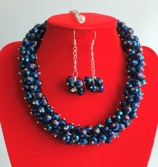 Royal Blue Crystal Cluster Necklace and Earring set