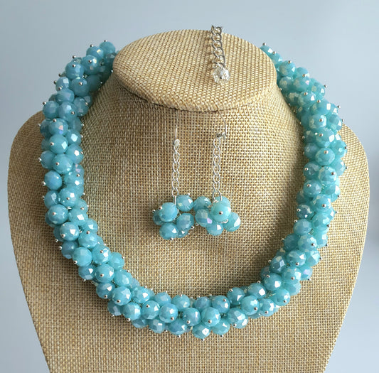 Light Blue Crystal Cluster Necklace and Earring Set