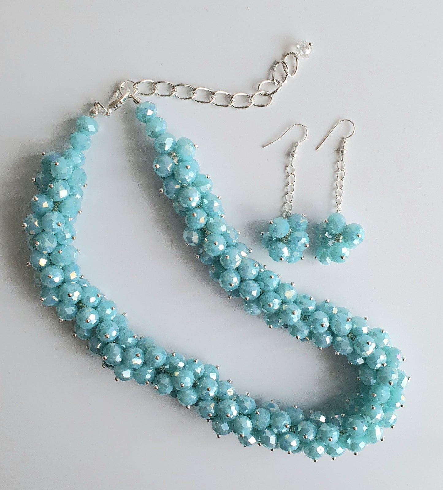Light Blue Crystal Cluster Necklace and Earring Set