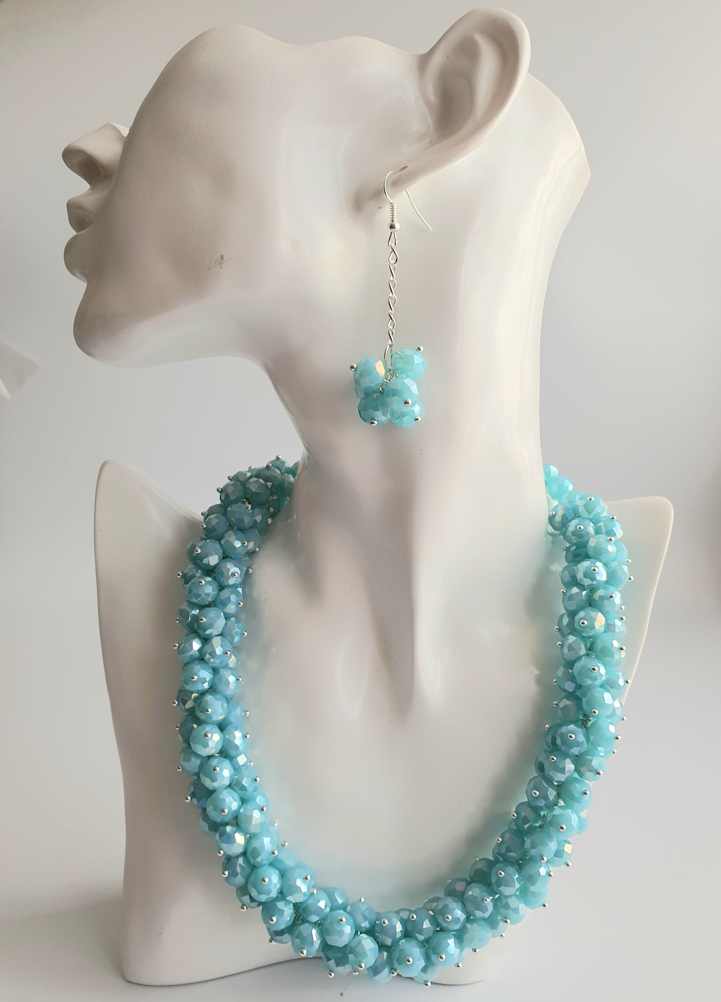 Light Blue Crystal Cluster Necklace and Earring Set