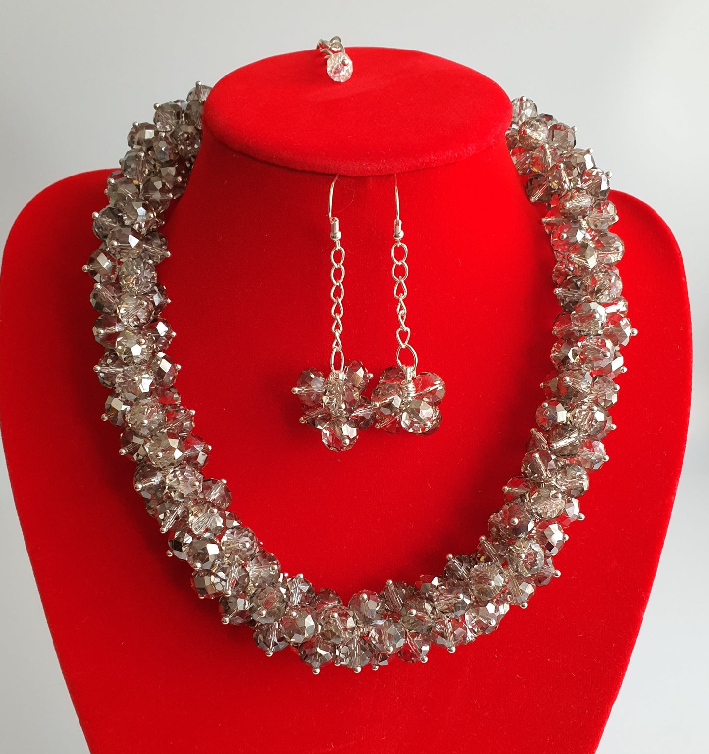 Grey Clear Crystal Cluster Necklace and Earring Set