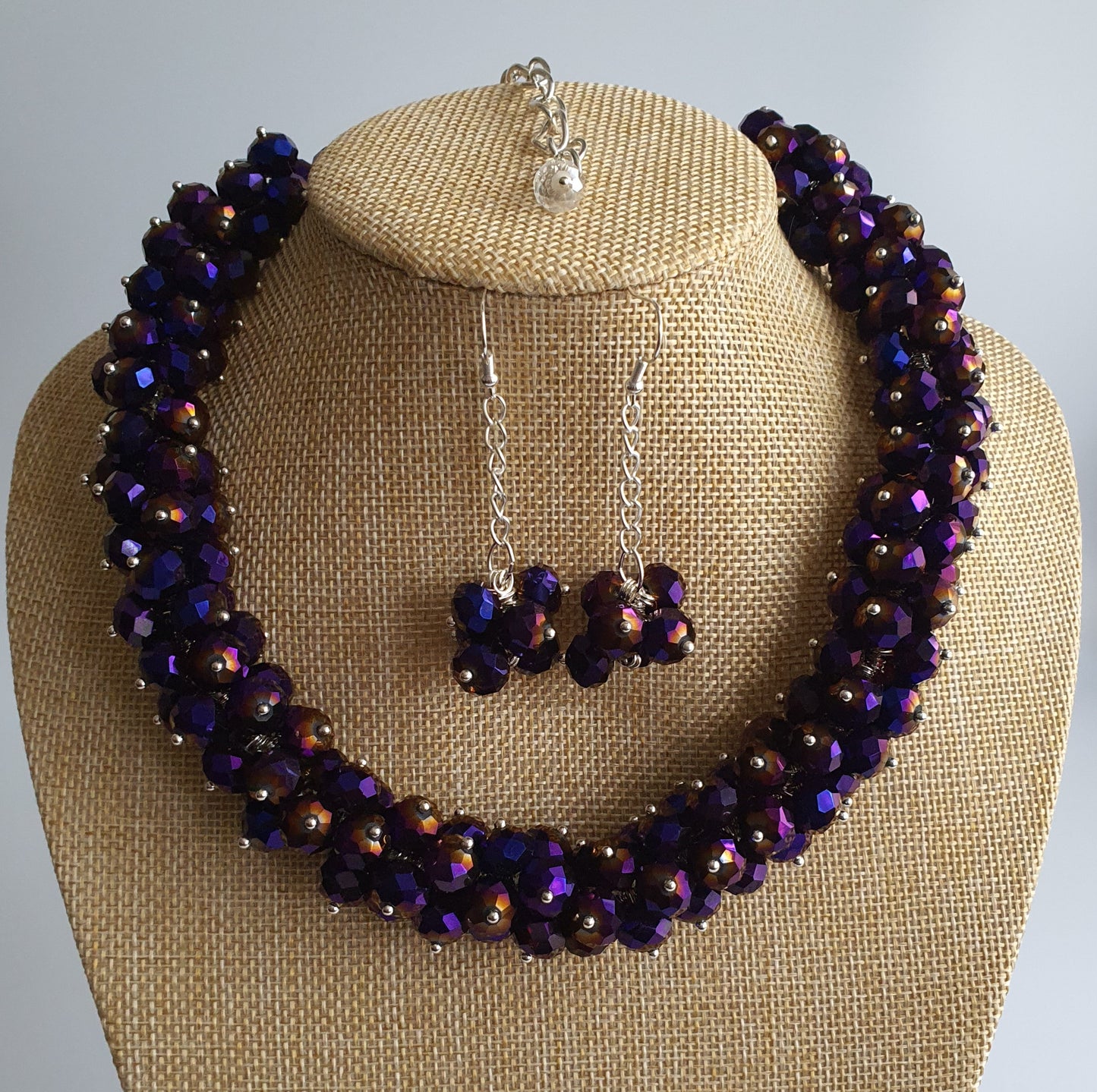 Purple Crystal Cluster Necklace and Earring Set
