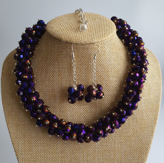 Purple Crystal Cluster Necklace and Earring Set