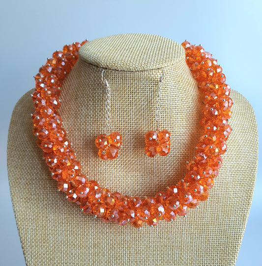 Orange Crystal Cluster Necklace and Earring Set