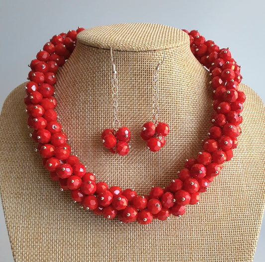 Red Crystal Cluster Necklace and Earring Set